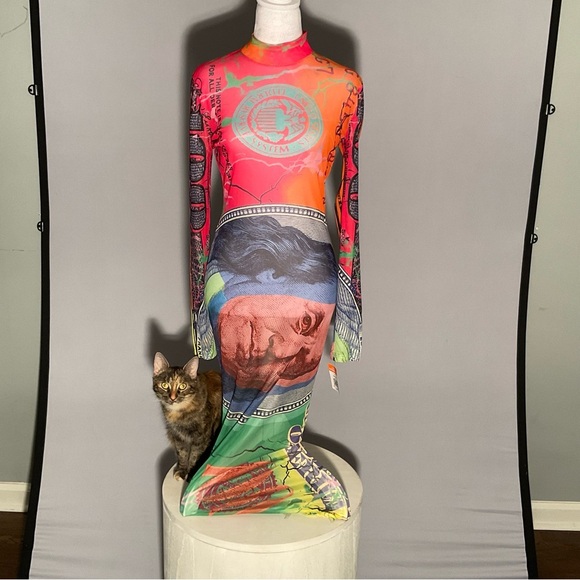 No 1 Los Angeles Long Sleeve Stretch Dollar Print Mesh Bodycon Sexy Maxi Dress - Picture 1 of 14